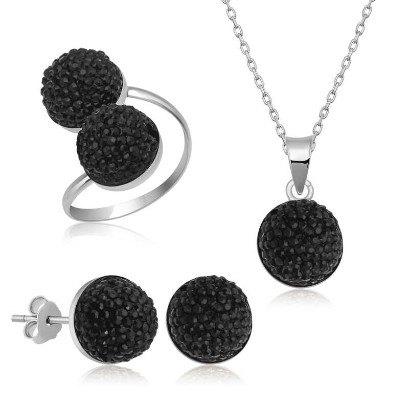 Gümüş Siyah Kristal Kadın Set SL4639
