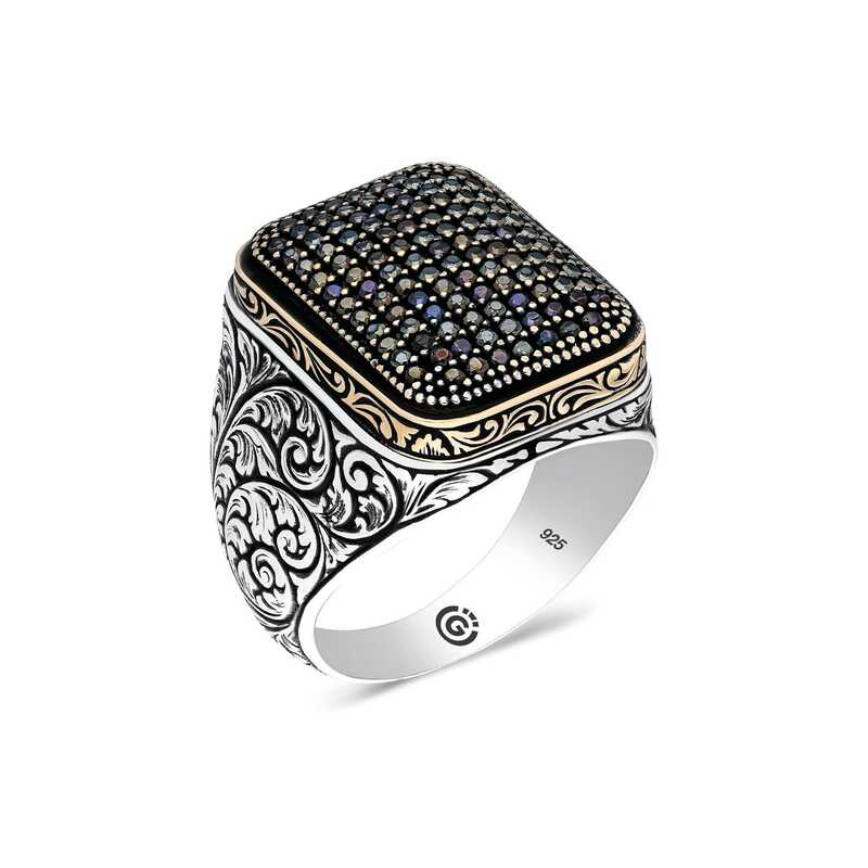 Gümüş Siyah Zirkon Taşlı Kare Erkek Yüzük  SL4564