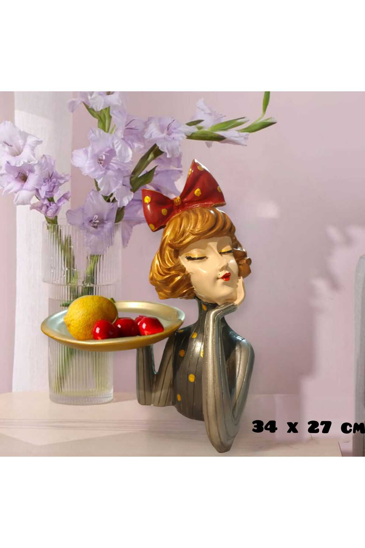 Gümüş Tepsili Tutan Cici Kız Polyester Sunumluk & Biblo