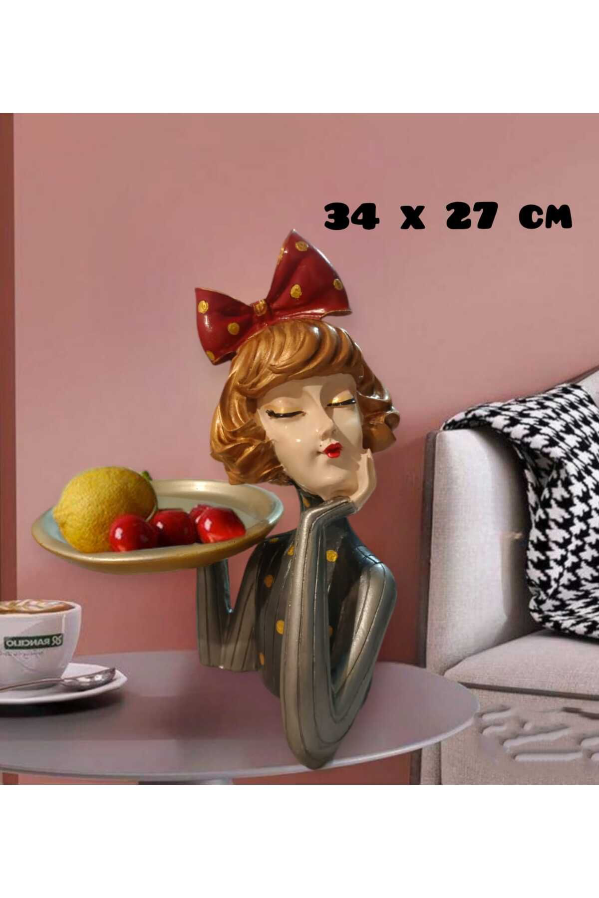 Gümüş Tepsili Tutan Cici Kız Polyester Sunumluk & Biblo