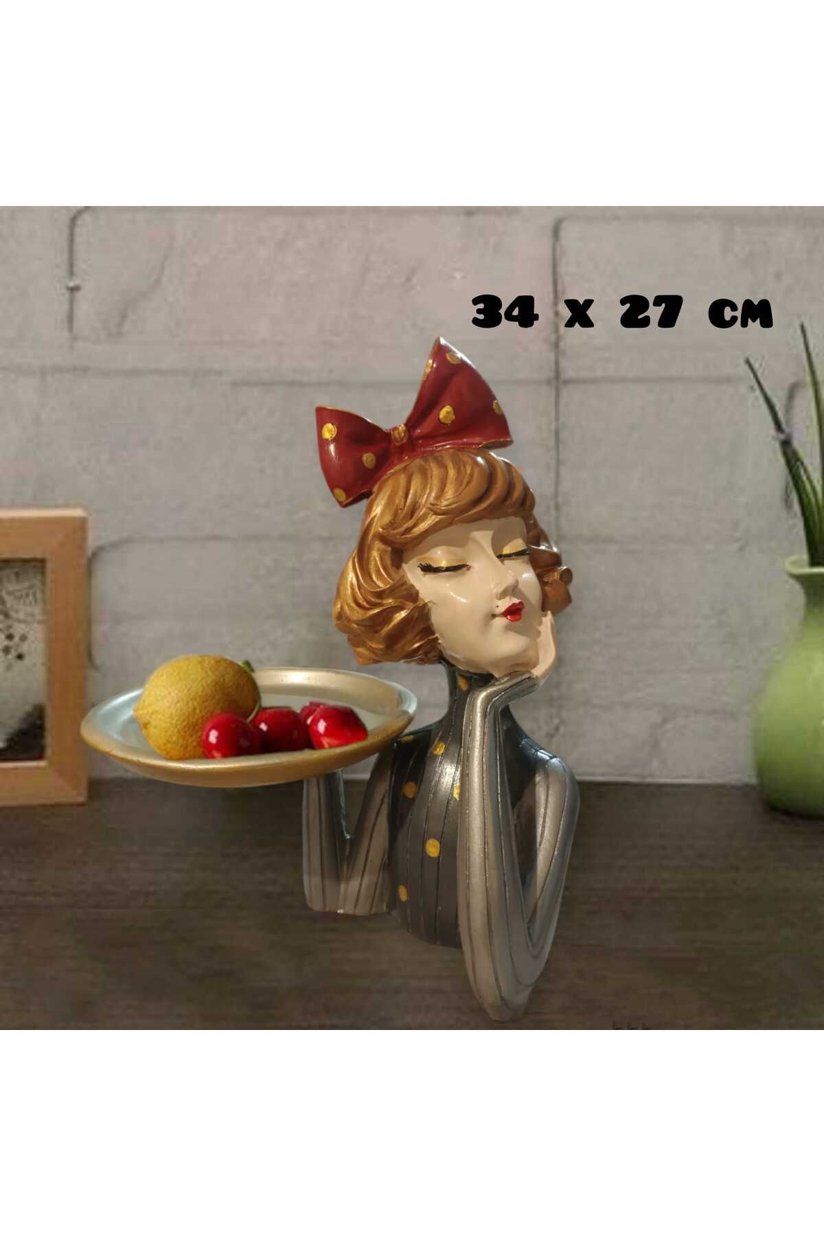 Gümüş Tepsili Tutan Cici Kız Polyester Sunumluk & Biblo