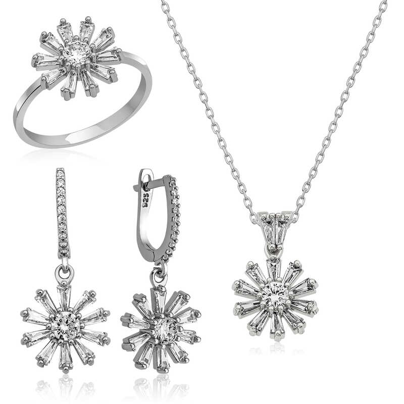 Stillove Gümüş Trapez Taşli  Çiçek Bayan Set Sl3476