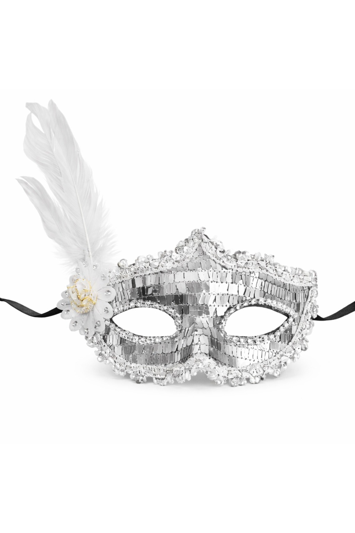 Gümüş Tüylü Payetli Lüks Taşlı Parti Maskesi