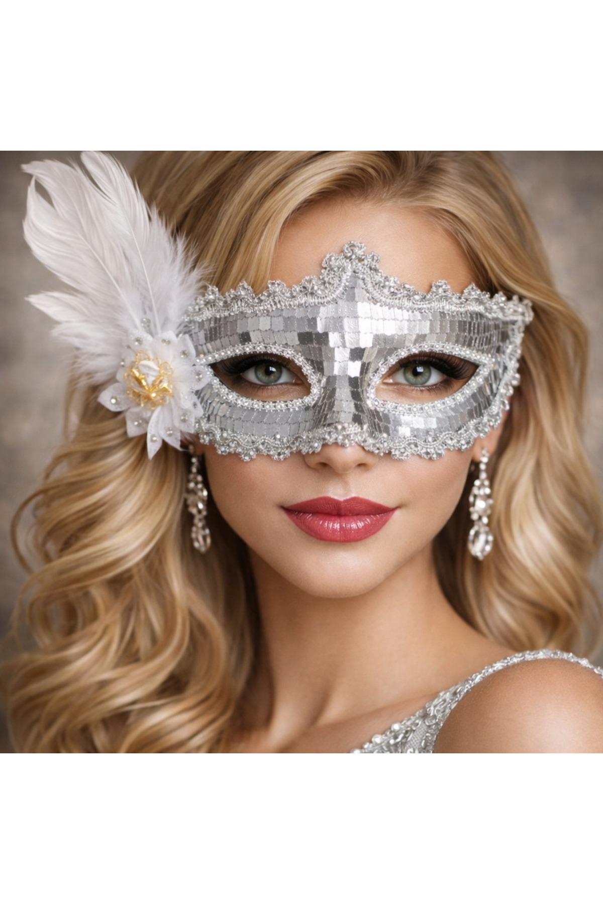 Gümüş Tüylü Payetli Lüks Taşlı Parti Maskesi