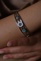 Tükkan Accessories Gümüş Üçlü Nazar Zirkon Taş Kelepçe Çelik Bileklik -Keztçbi31