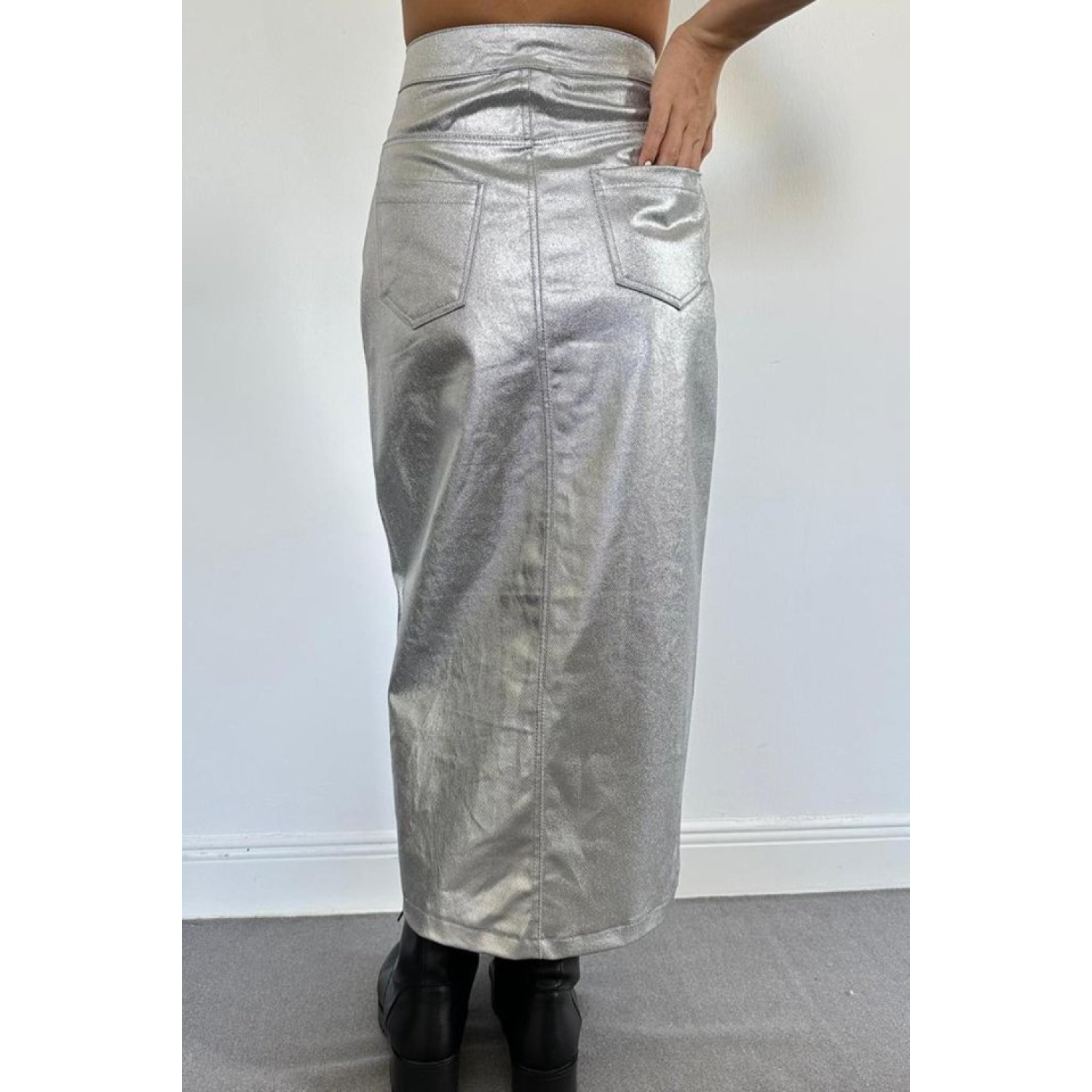 Gümüş Varaklı Gabardin Yırtmaçlı Etek