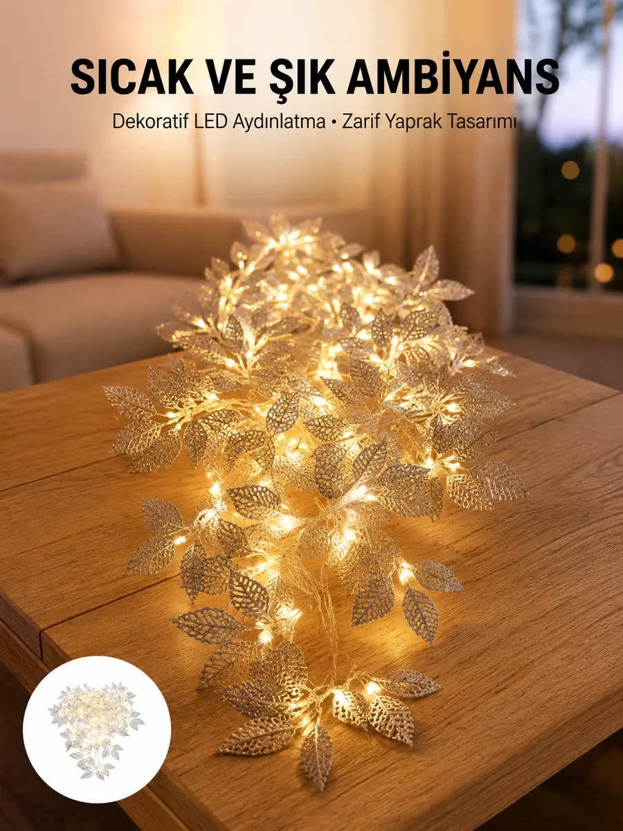 Gümüş Yaprak Tasarımlı Pilli LED Işık – Ev ve Vitrin Dekorasyonu İçin Modern Çözüm