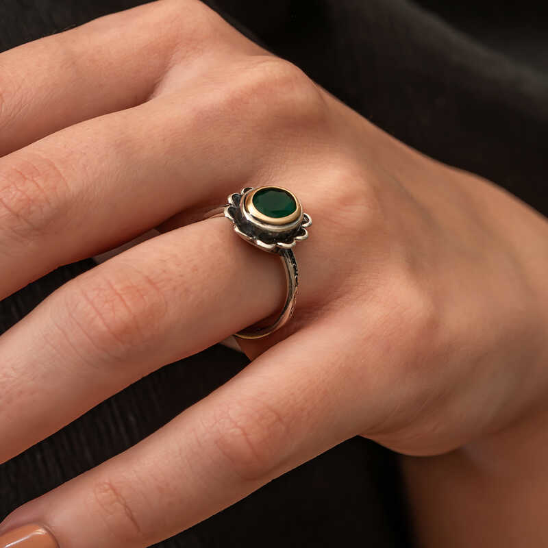 Gümüş Yeşil Çiçek Desenli Otantik Kadın Yüzük SL9797