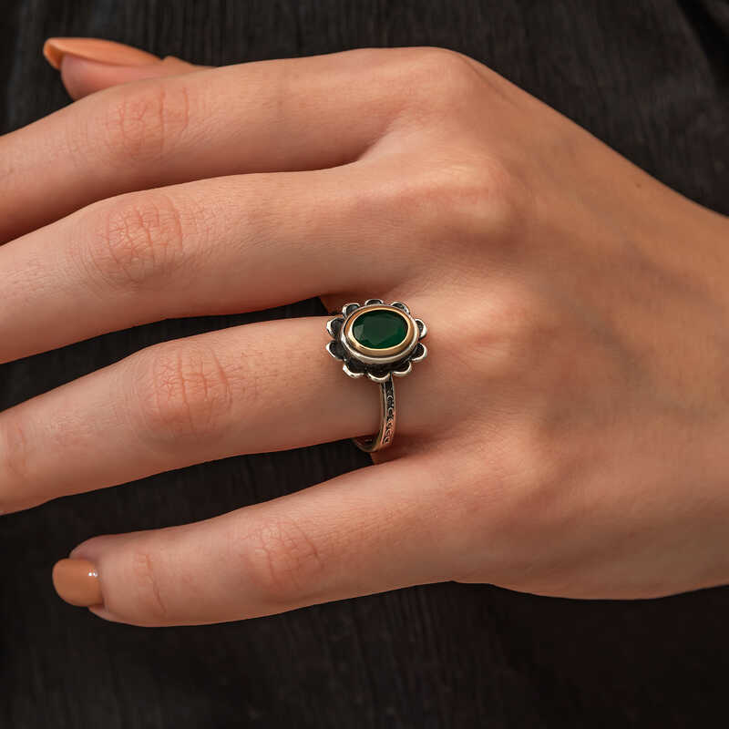 Gümüş Yeşil Çiçek Desenli Otantik Kadın Yüzük SL9797