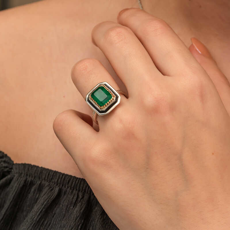 Gümüş Yeşil Taşlı Otantik Kadın Yüzük SL9639