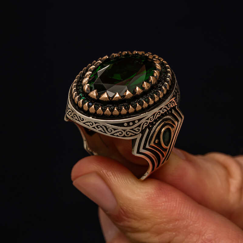 Gümüş Yeşil Zirkon Taşlı Erkek Yüzük SL10610