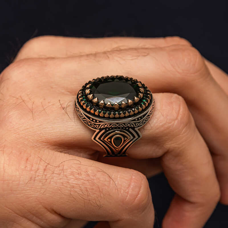 Gümüş Yeşil Zirkon Taşlı Erkek Yüzük SL10610