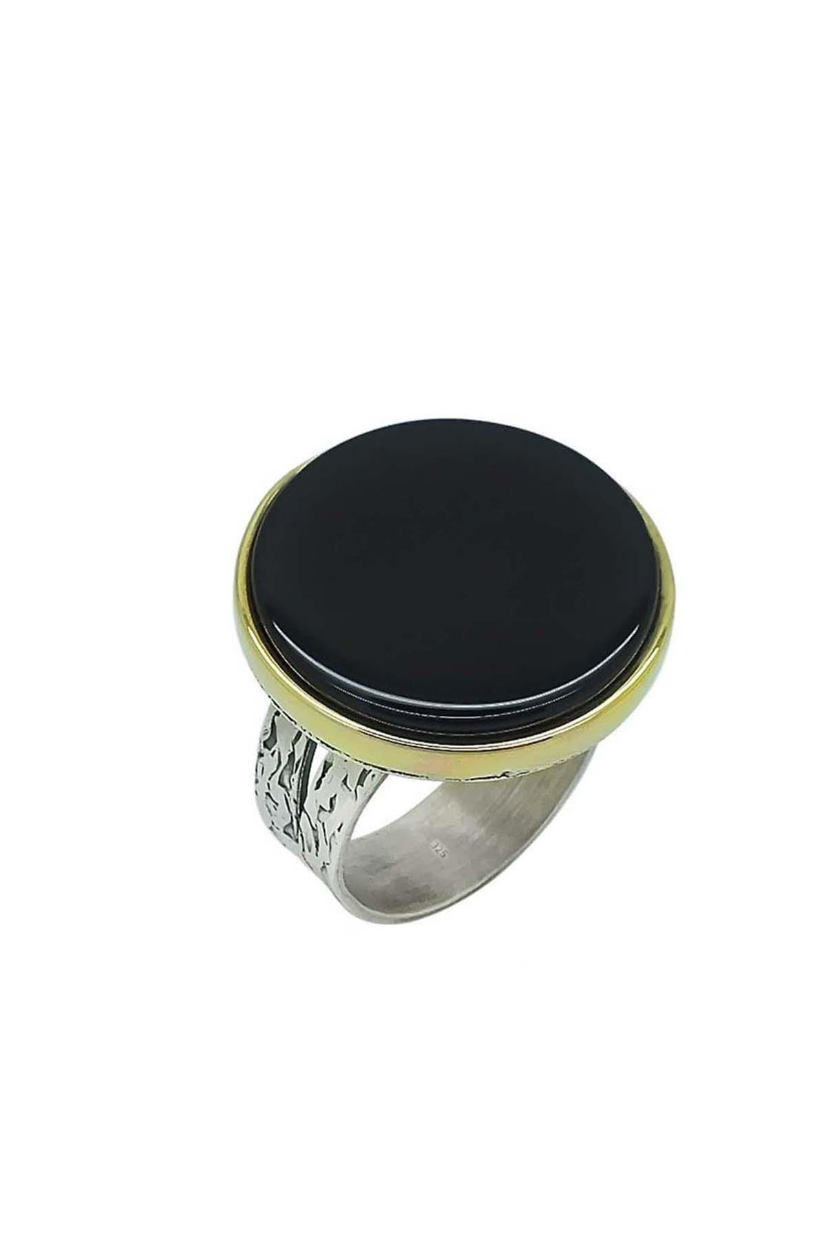 Beyisa Gümüş Yuvarlak Oniks Taşlı Bayan Yüzük Ayarlanabilir Ölçülü