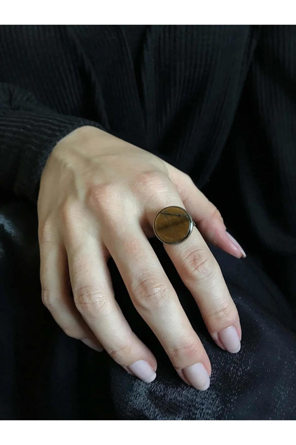 Beyisa Gümüş Yuvarlak Kaplan Gözü Taşlı Bayan Yüzük Ayarlanabilir Ölçülü