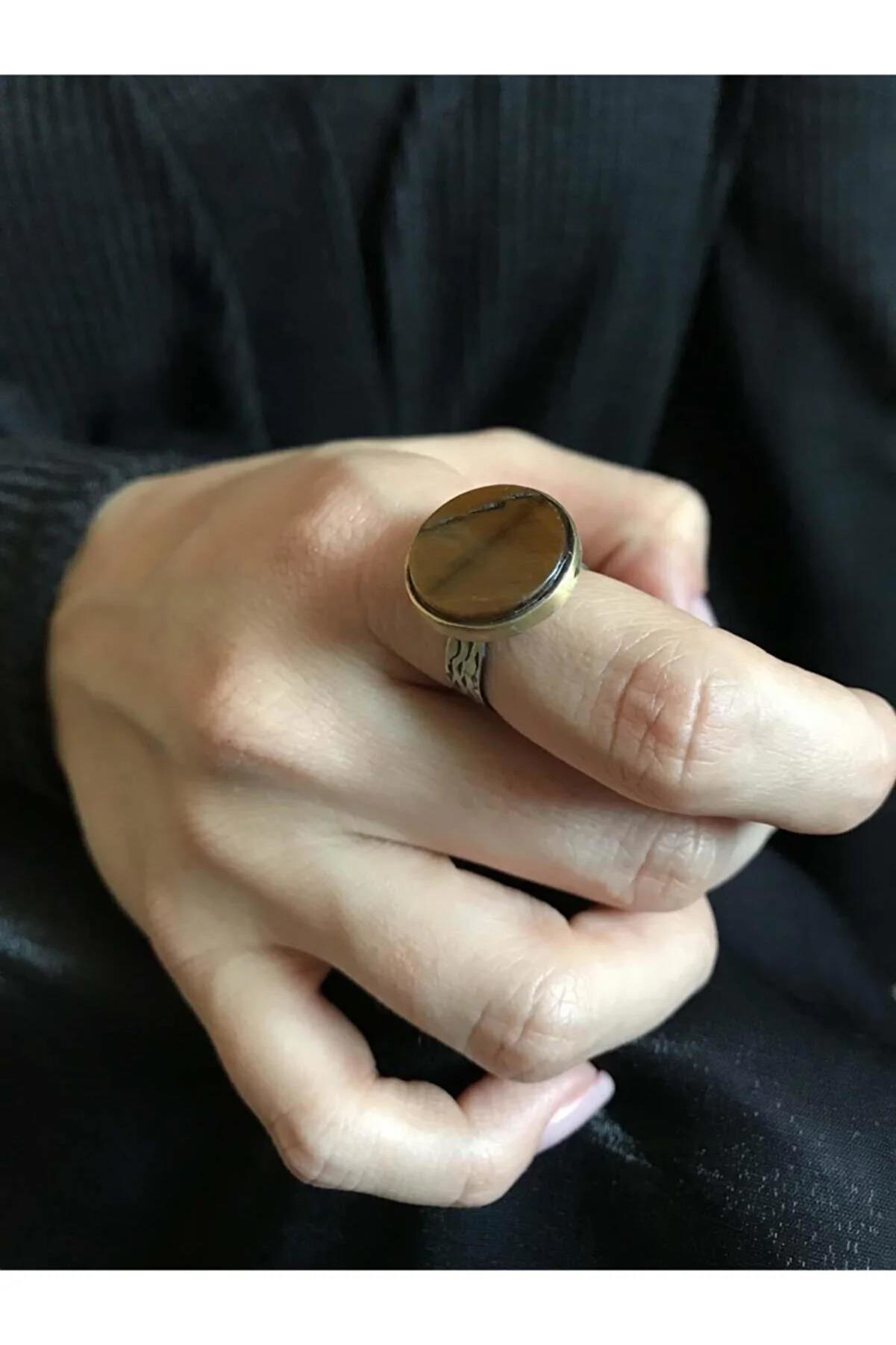 Beyisa Gümüş Yuvarlak Kaplan Gözü Taşlı Bayan Yüzük Ayarlanabilir Ölçülü