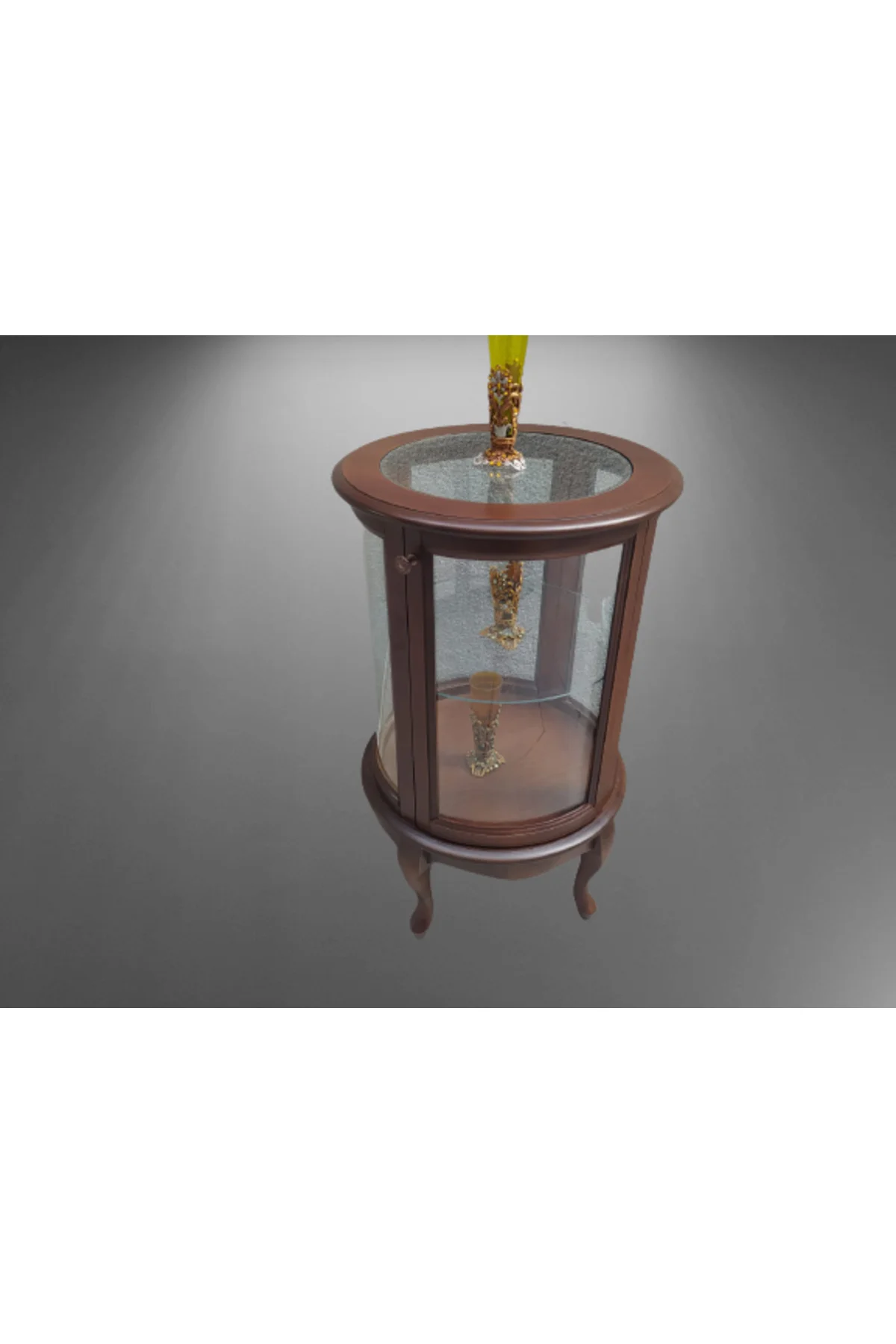 Gümüşlük vitrin 17436 Yuvarlk 78 cm 1 raf Parlak ceviz Kayın Aslan ayak Bombe Cam - Görsel 2
