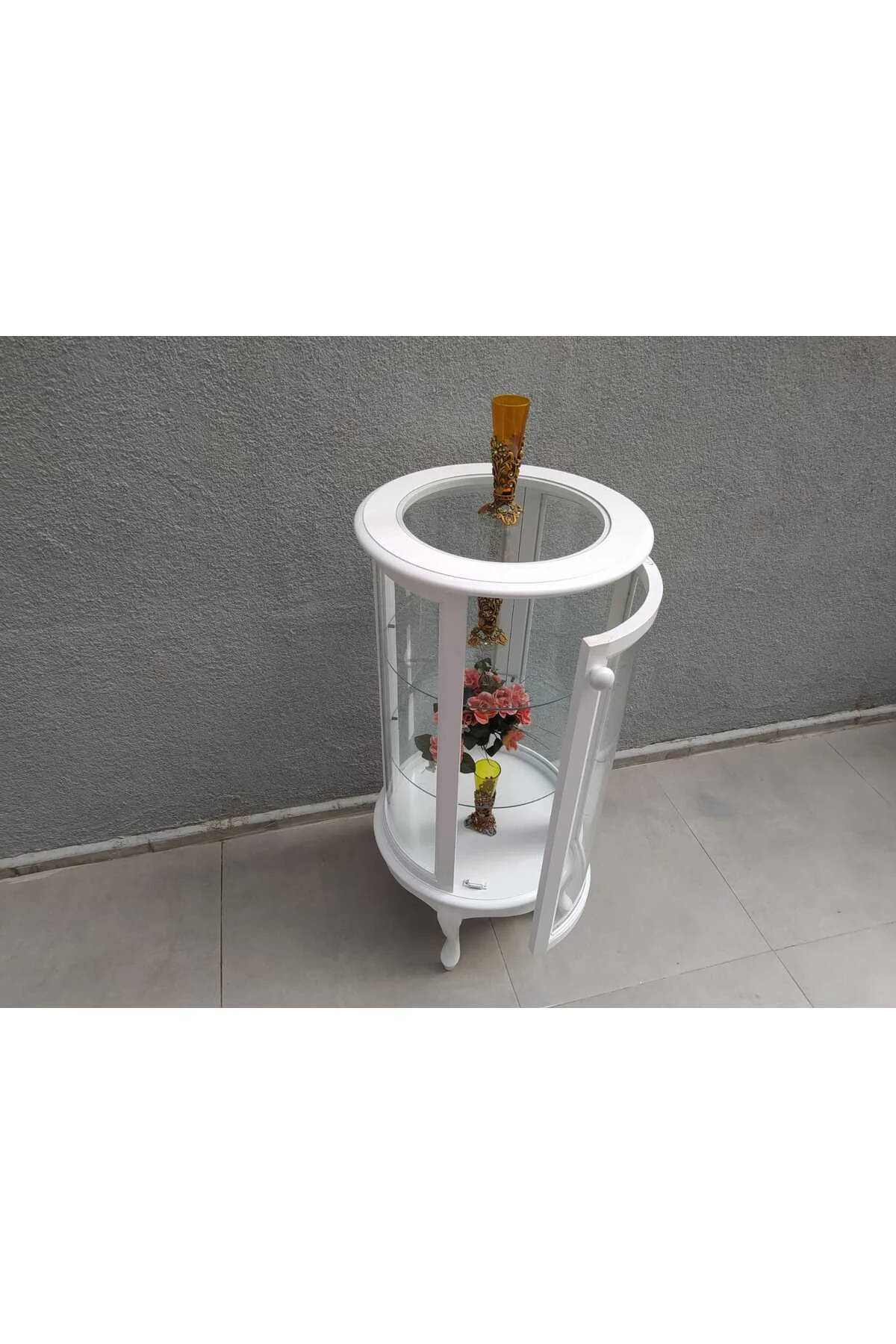 Gümüşlük vitrin 17431 Yuvarlak MODEL Parlak Beyaz Kayın Aslan ayak Bombe Cam 98 - Görsel 4