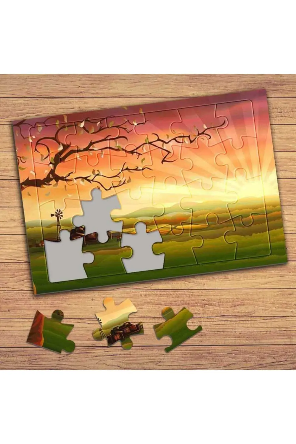 Gün Batımı-Ağaç Dalları Çocuklara Özel Puzzle Yapboz Tablo-10919