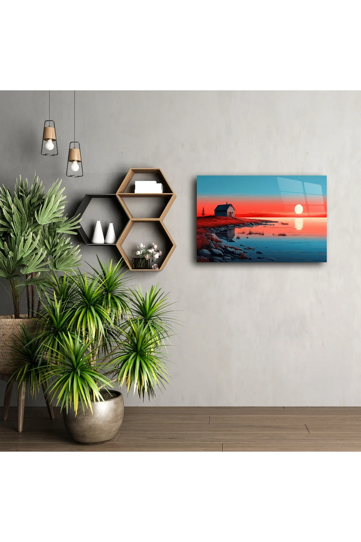 Gün Batımı Göl Evi Minimalist Duvar Sanatı