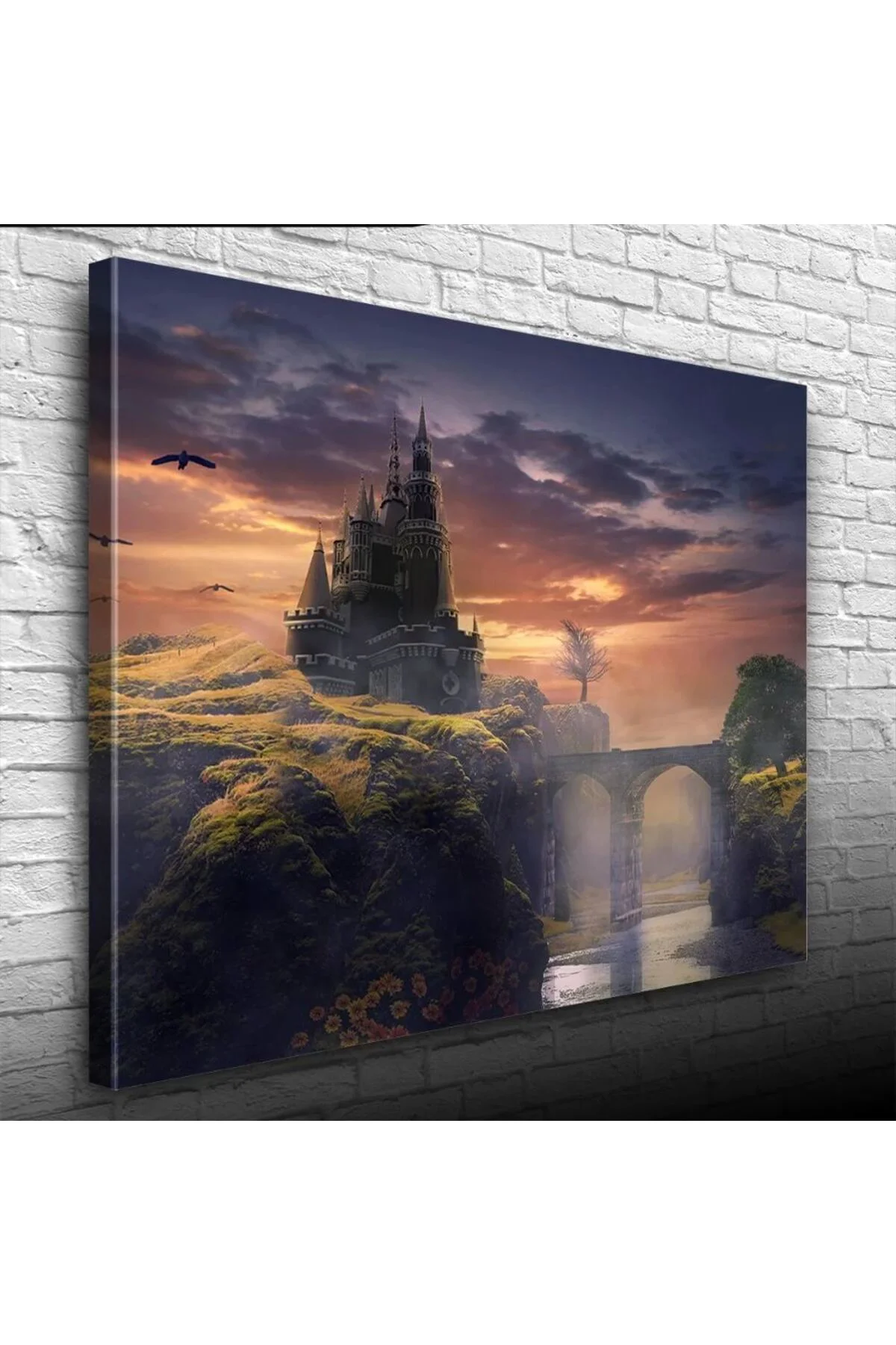 Gün batımı Köprülü Mistik Şato Kanvas Tablo 50 x 70