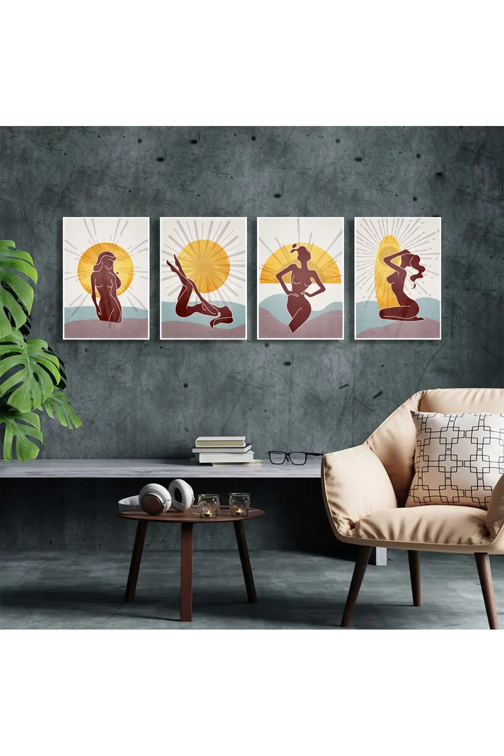 Gün doğumunda çıplak kadınlar soyut sanat. 4'lü Kanvas Tablo