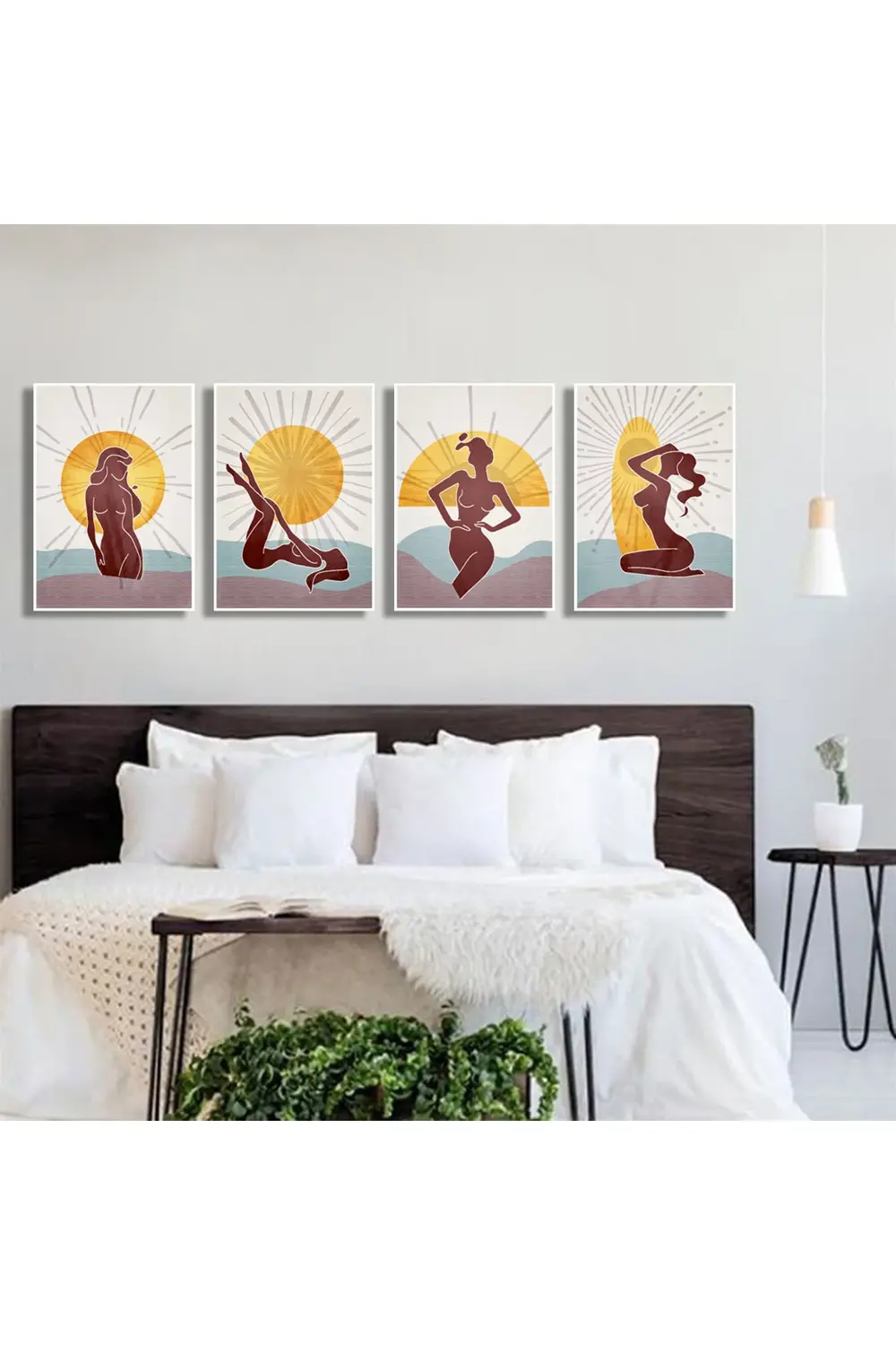 Gün doğumunda çıplak kadınlar soyut sanat. 4'lü Kanvas Tablo