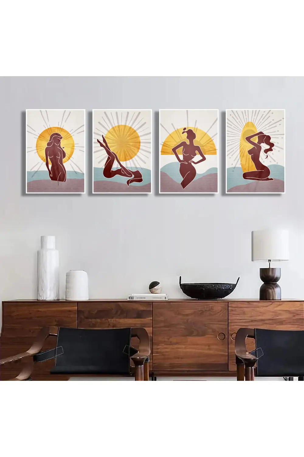 Gün doğumunda çıplak kadınlar soyut sanat. 4'lü Kanvas Tablo