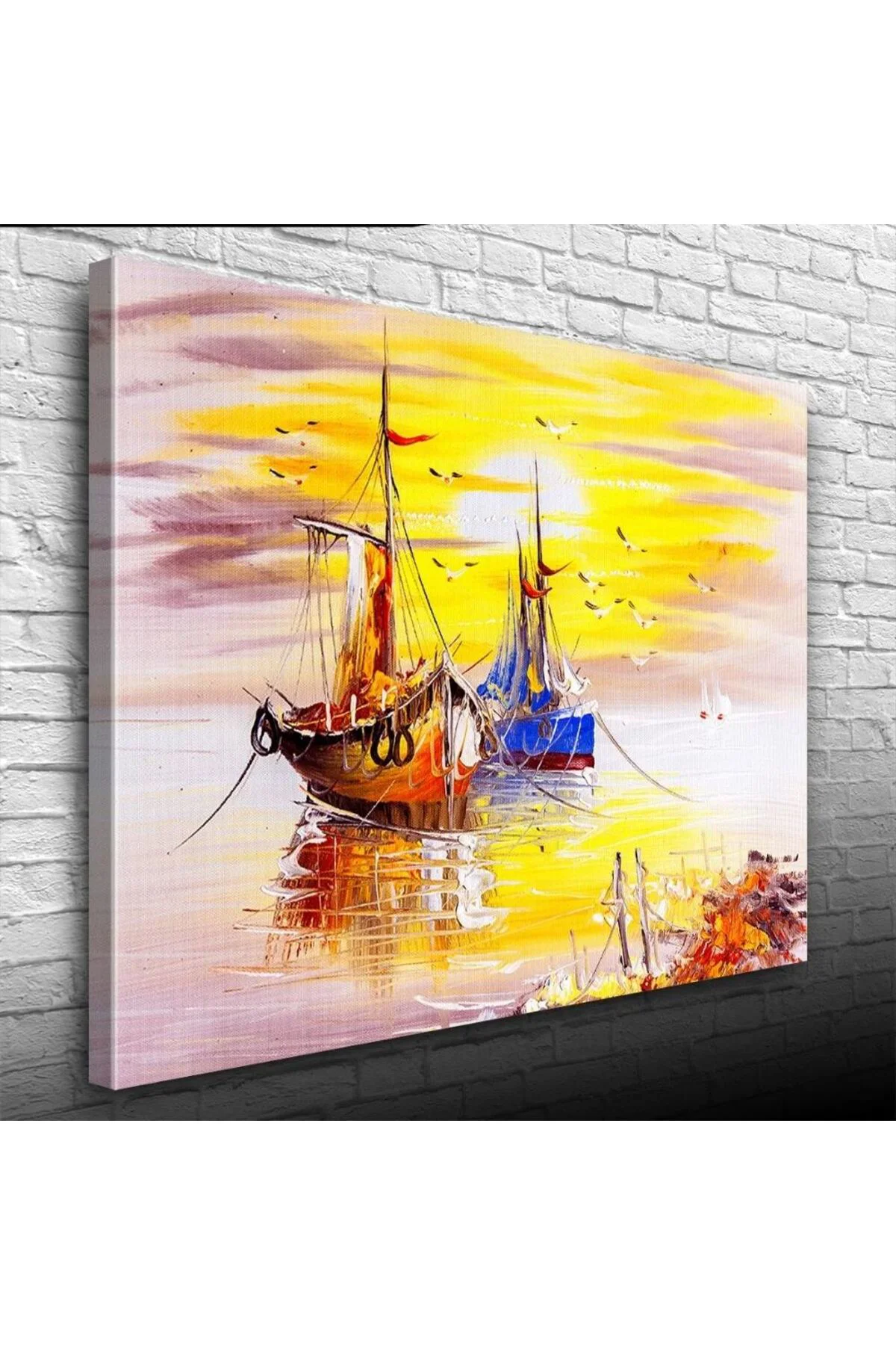 Günbatımında Balıkçı Takaları ve Martılar :Yağlıboya Kanvas Tablo 50 x 70