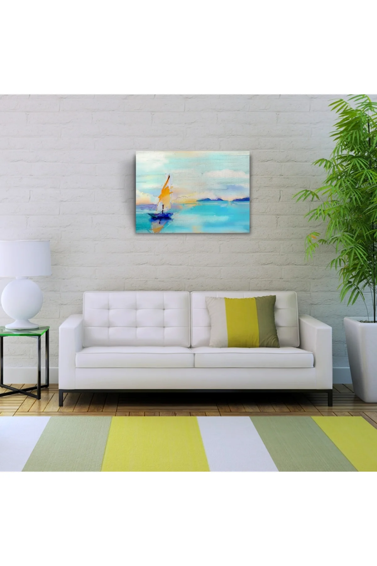 Gündoğumun `da Deniz ve Yelkenli Yağlıboya Kanvas Tablo 50 x 70