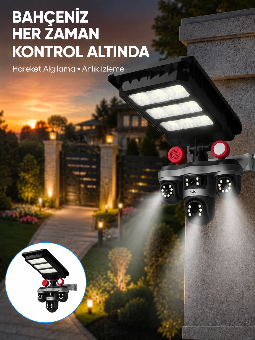 Güneş Enerjili 3 Lens Akıllı Güvenlik Kamerası LED Projektörlü Dış Mekan Koruma Sistemi Fiyatı, Yorumları ve Özellikleri
