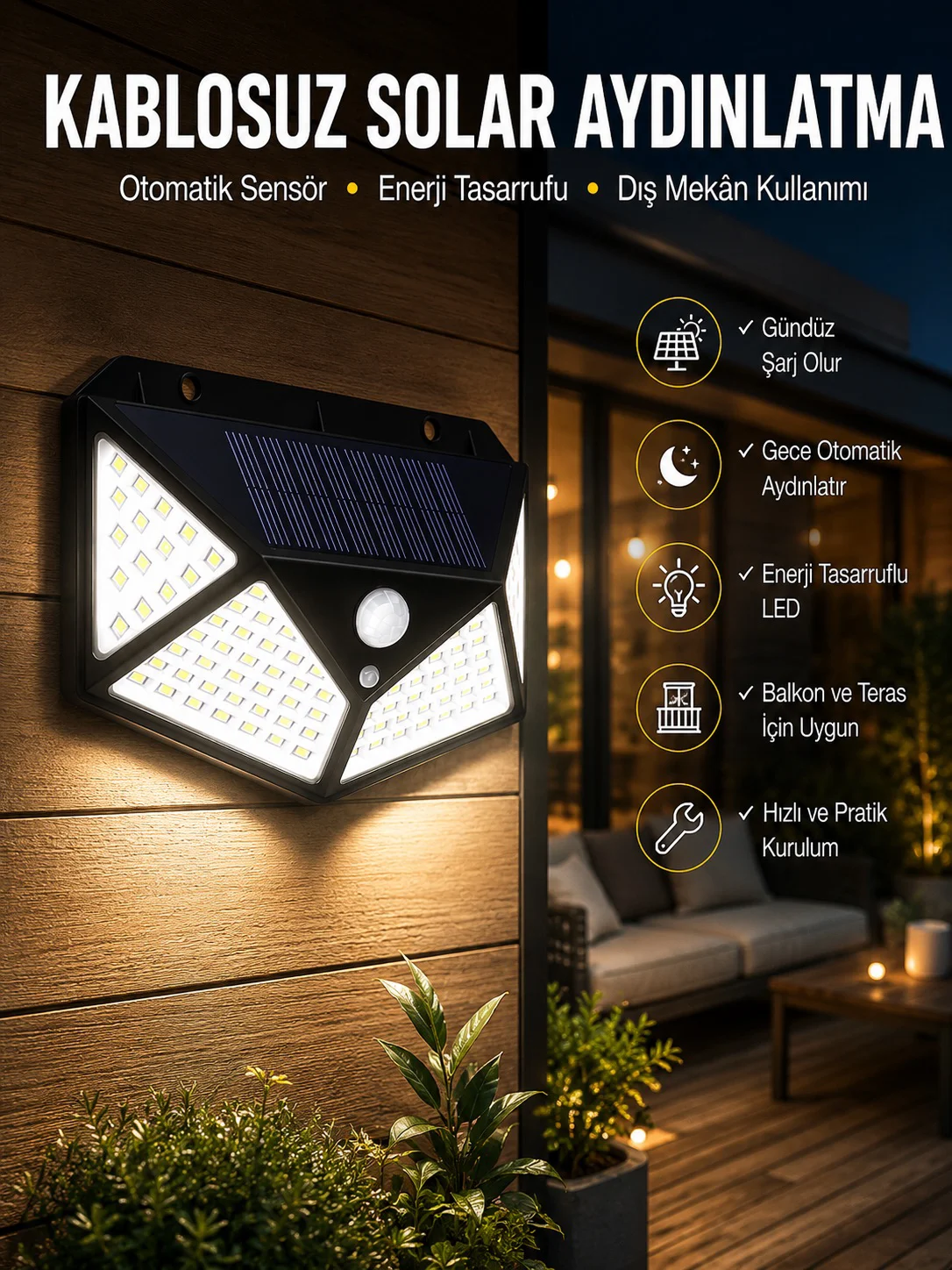 Güneş Enerjili Bahçe Aydınlatma Lambası Solar 100 Led Lamba Fiyatı, Yorumları ve Özellikleri