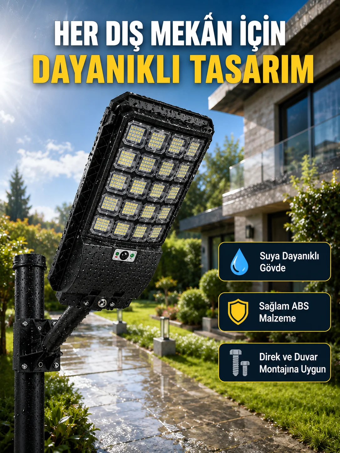 Güneş Enerjili Dış Mekan LED Lambası Geniş Aydınlatma Açılı Akıllı Sokak Lambası