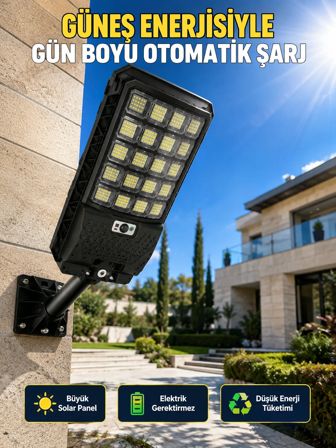 Güneş Enerjili Hareket Sensörlü LED Sokak Lambası Uzaktan Kumandalı Dış Mekan Aydınlatma