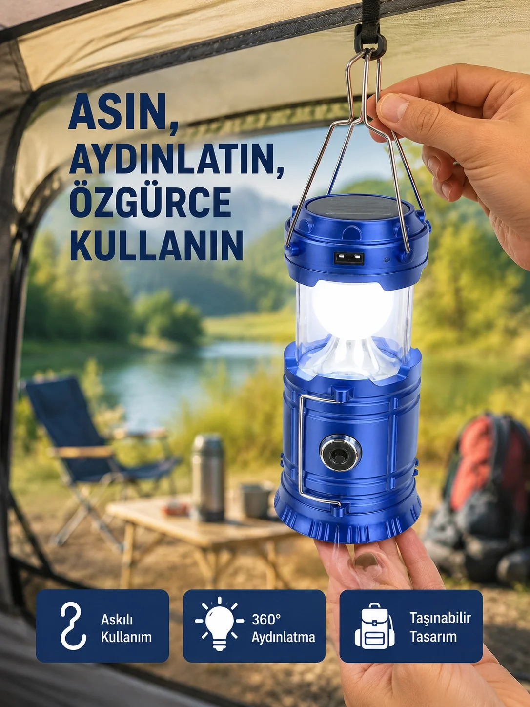 Güneş Enerjili Katlanabilir Kızaklı Kamp Feneri – USB Şarjlı, Çok Yönlü ve Dayanıklı Tasarım