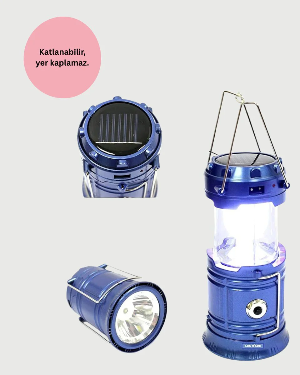 Güneş Enerjili Kızaklı Şarjlı Büyük Boy Kamp Feneri – USB Çıkışlı Katlanabilir Çok Fonksiyonlu