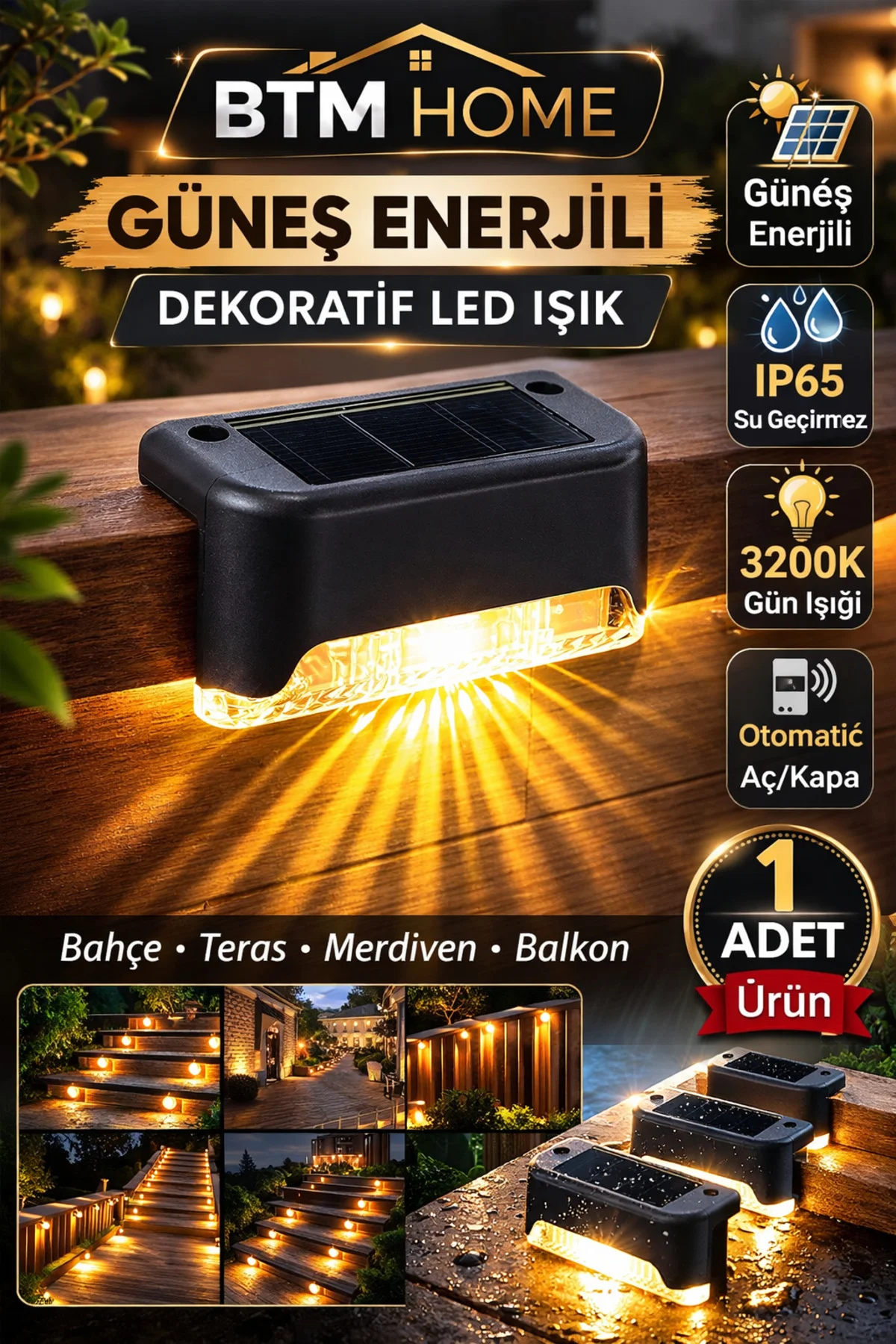 Güneş Enerjili LED Duvar Apliği Sensörlü Bahçe Balkon Merdiven Iş