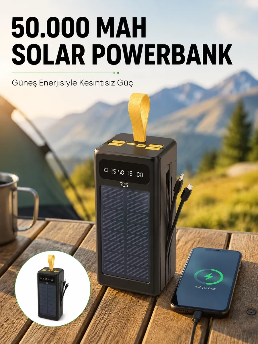 Güneş Enerjili Powerbank Dijital Göstergeli Taşınabilir Güç Kaynağı ve LED Işık ile Sonsuz Enerji