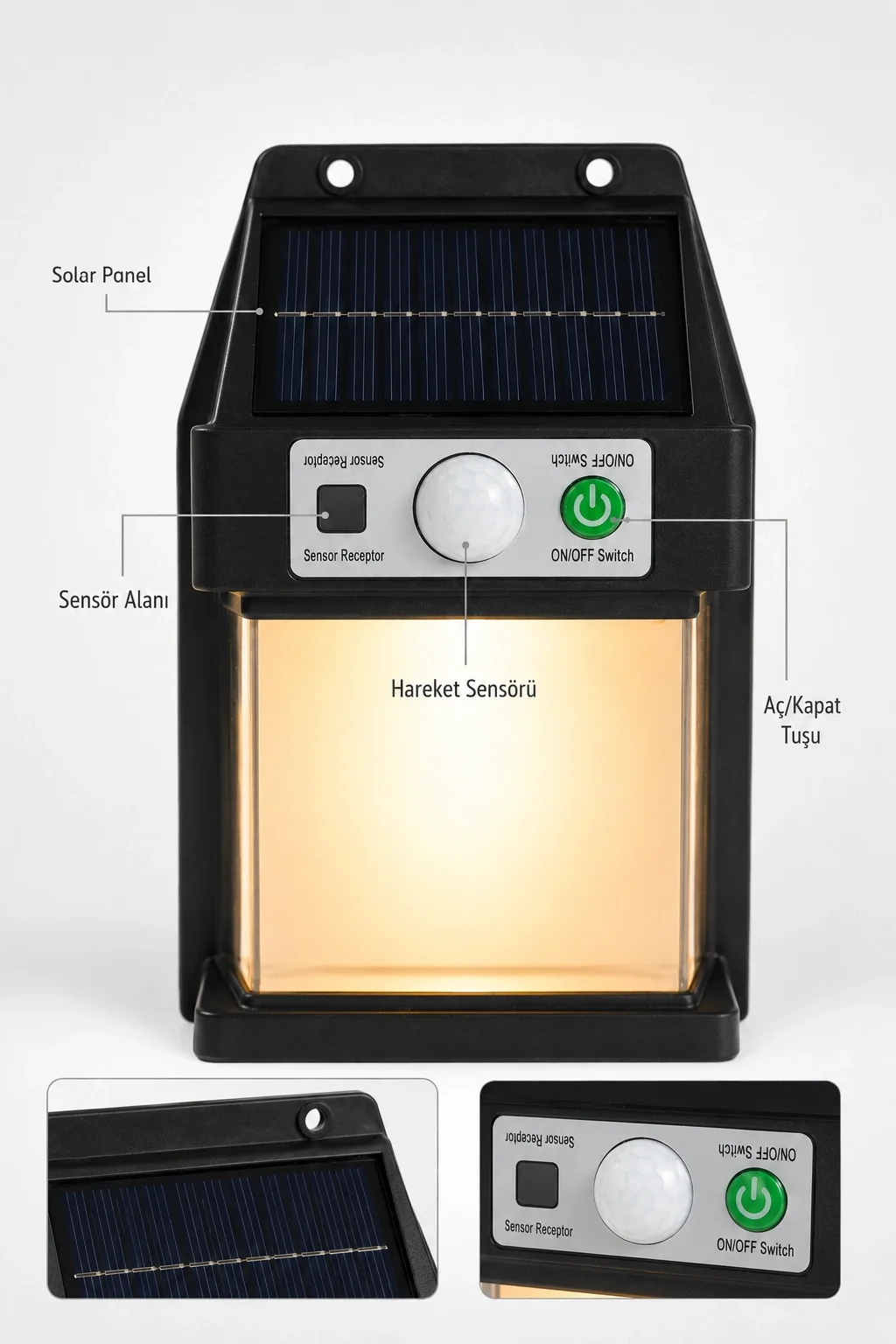 Güneş Enerjili Sensörlü Solar Aplik Duvar Tipi Dış Mekan Hareket 