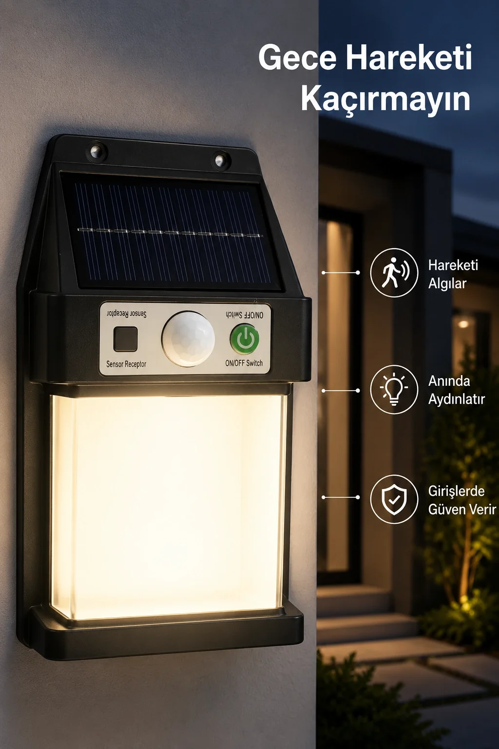 Güneş Enerjili Sensörlü Solar Aplik Duvar Tipi Dış Mekan Bahçe Ba