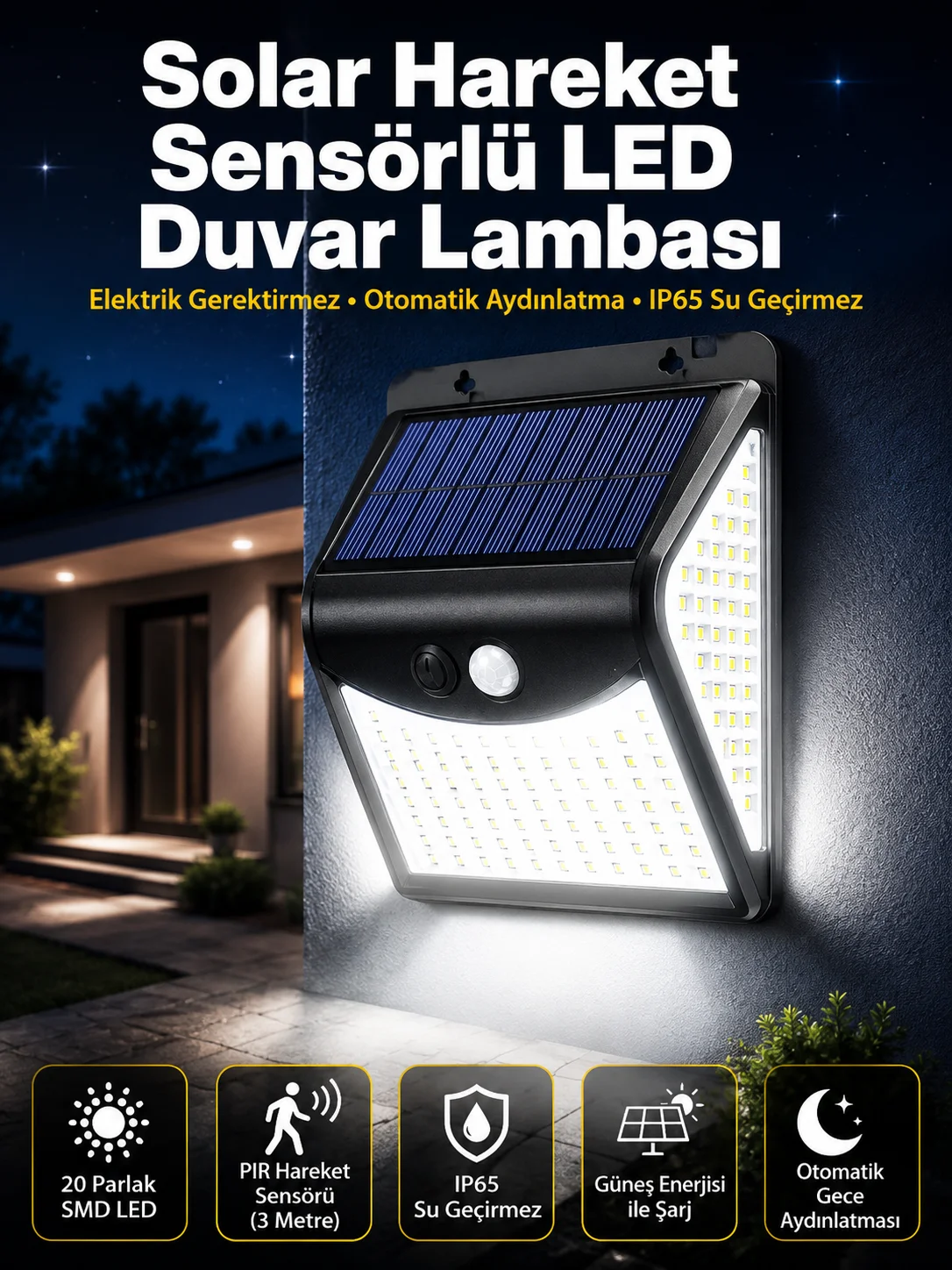 Güneş Enerjili Sensörlü Duvar Lambası Bahçe Lamba Suya Dayanıklı Bahçe Aydınlatma