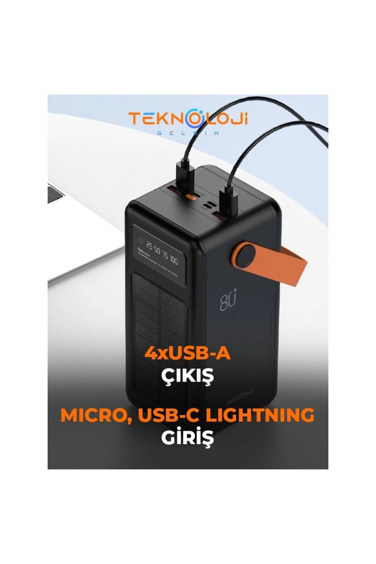 Güneş Enerjili Solar Powerbank 80.000 mAh Dijital Göstergeli El F