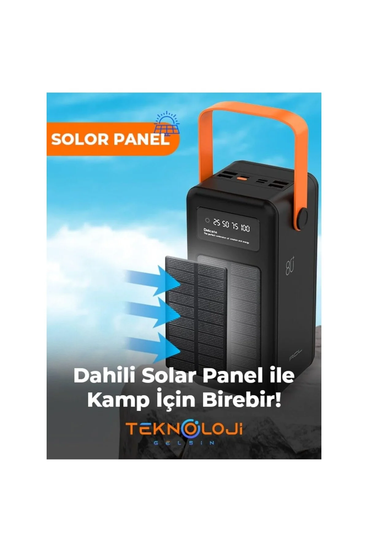 Güneş Enerjili Solar Powerbank 80.000 mAh Dijital Göstergeli El F