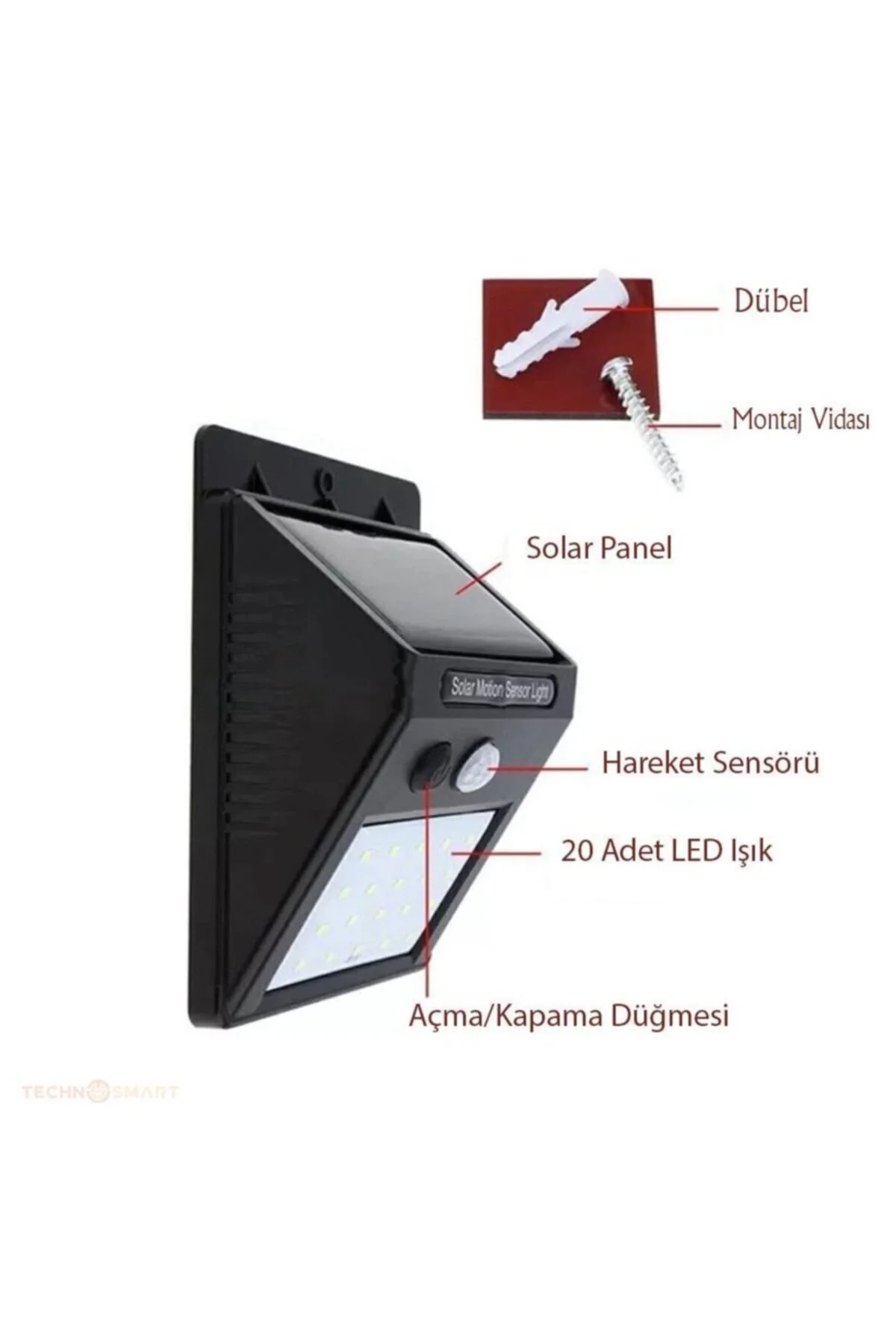 Güneş Enerjili Solar Dış Mekan Lambası - 20 LED Aydınlatmalı - Duvar Tipi