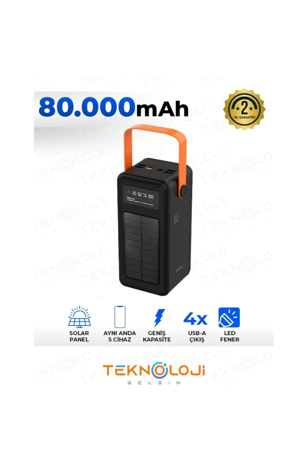 Güneş Enerjili Solar Powerbank 80.000 mAh Dijital Göstergeli El F
