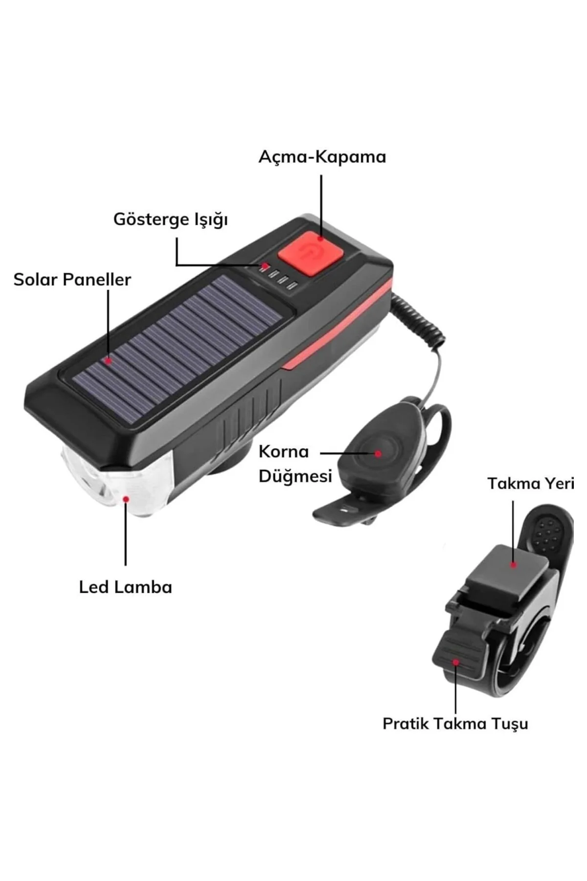 Güneş Enerjili USB ile Şarj Edilebilir LED Bisiklet Feneri Kornalı Suya Dayanıklı Fa