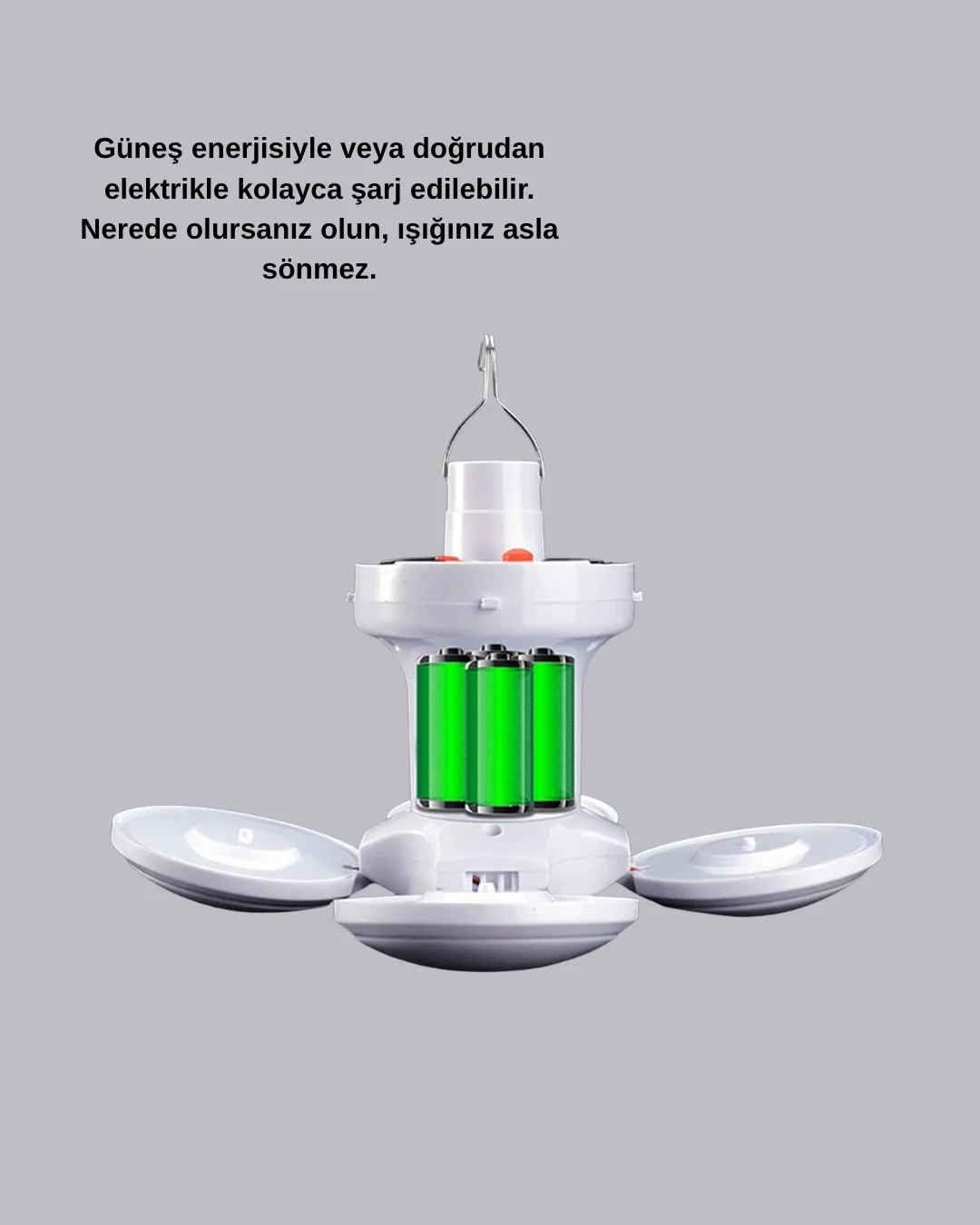 Güneş Enerjili ve USB Şarjlı LED Kamp Lambası – 5 Farklı Işık Modlu, Askılı Tasarım