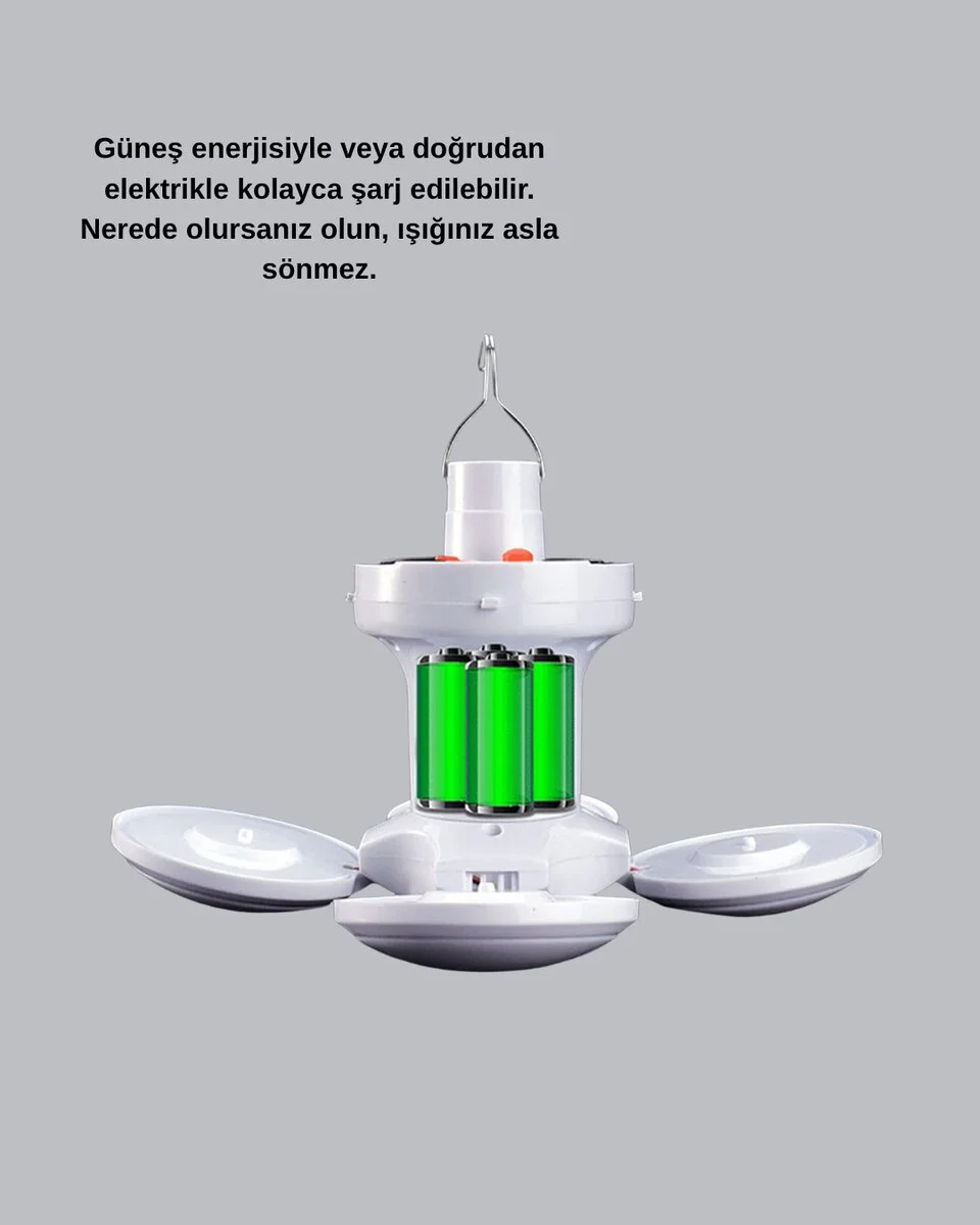 Güneş Enerjili ve USB Şarjlı LED Kamp Lambası – 5 Farklı Işık Modlu Askılı Tasarım