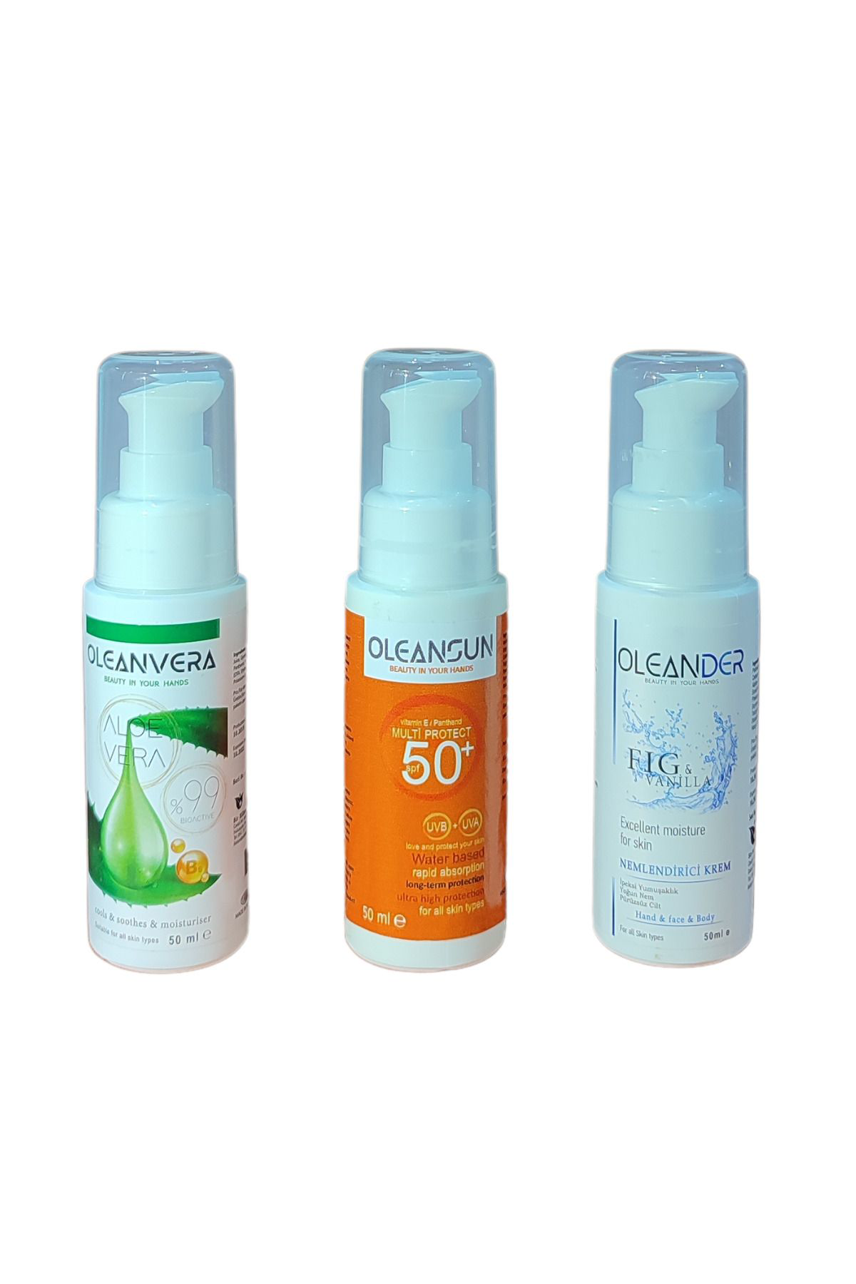 Oleansun Güneş Korumalı Nemlendirici Alovera 3'Lü Krem Set El Yüz Vücut 50