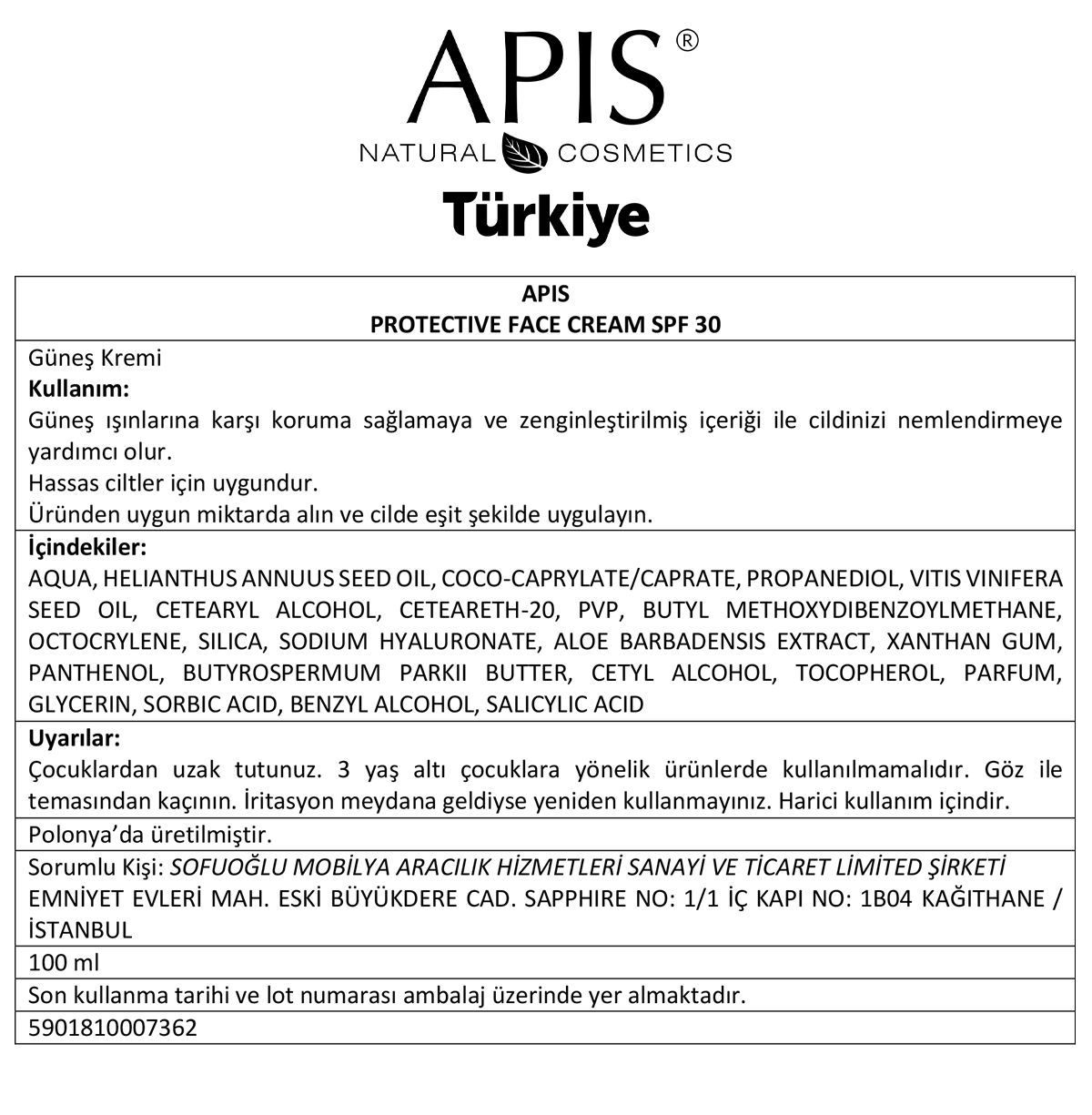 Apis Natural Cosmetics Güneş Kremi Spf 30 - 100Ml