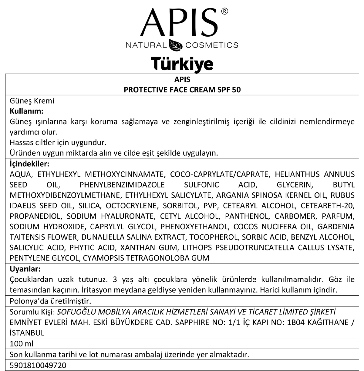 Apis Natural Cosmetics Yüz Güneş Kremi Spf 50 - 100Ml Apis Natural Cosmetics Yüz Güneş Kremi Spf 50 - 100Ml